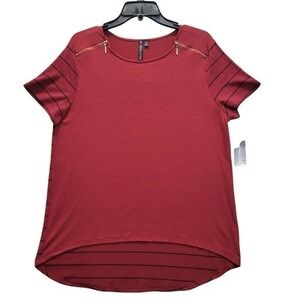 NWT Allie &‎ Rob Women's Size L Red Stripe Short Sleeve Zipper Accent T-Shirt
